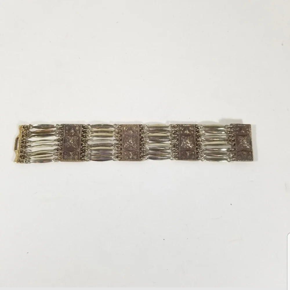 Mexico Sterling Silver Aztec 4 Panel Feather Link Bracelet 1.6 Ounces Vintage